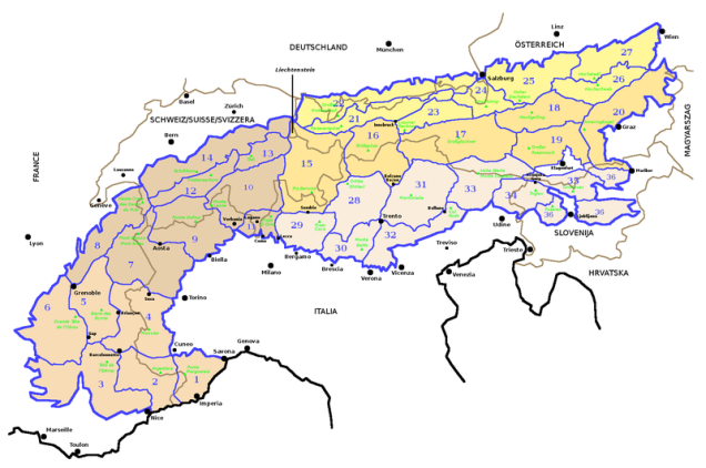 LE 36 SEZIONI DELLA SOIUSA - Nel 2005 è stata presentata ufficialmente la classificazione SOIUSA, acronimo di SUDDIVISIONE OROGRAFICA INTERNAZIONALE UNIFICATA DEL SISTEMA ALPINO, allo scopo di uniformare le denominazioni utilizzate negli Stati dell'area alpina. Questa classificazione prevede 2 grandi parti (ALPI OCCIDENTALI e ALPI ORIENTALI), in accordo con le classificazioni in uso oltralpe, ed una ulteriore suddivisione in 5 settori, 36 sezioni e 132 sottosezioni (CLICCARE SULL’IMMAGINE PER INGRANDIRLA)